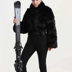 Black faux fur one-piece ski suit snow suit